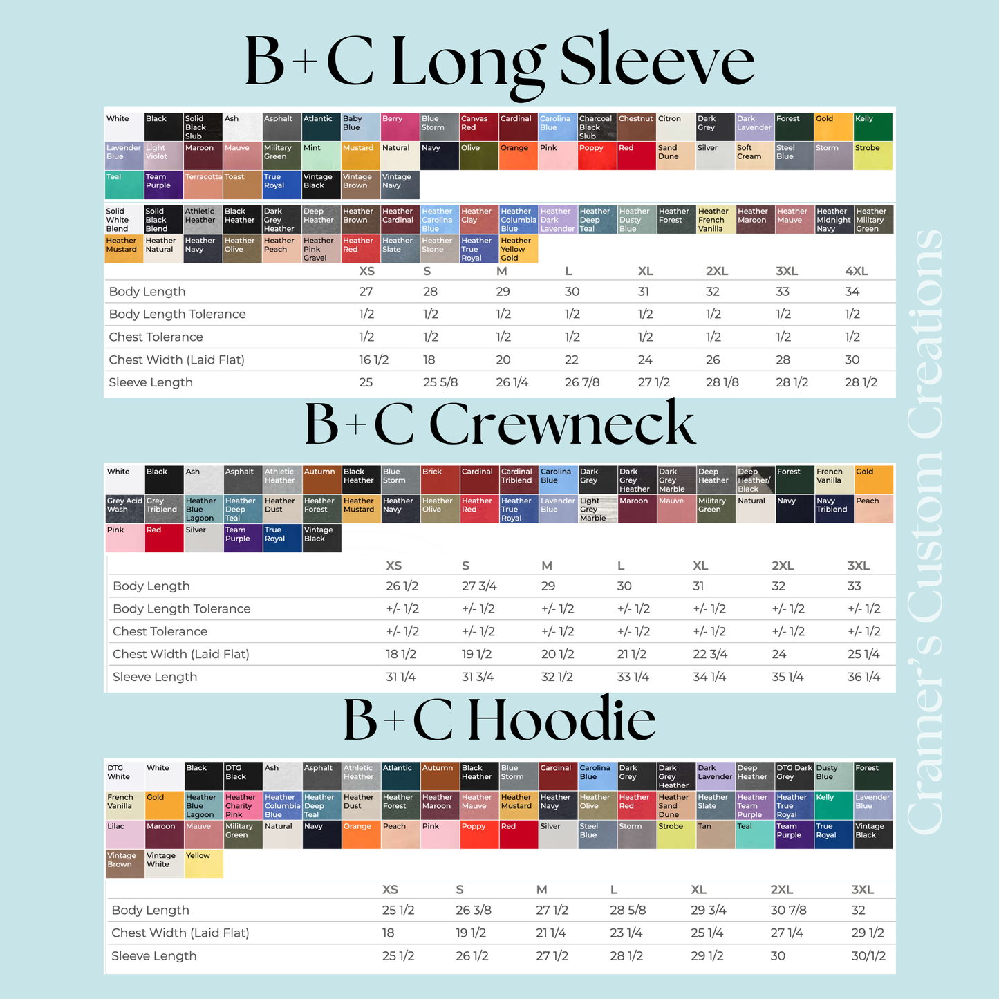 Size and color charts for various bella canvas shirts