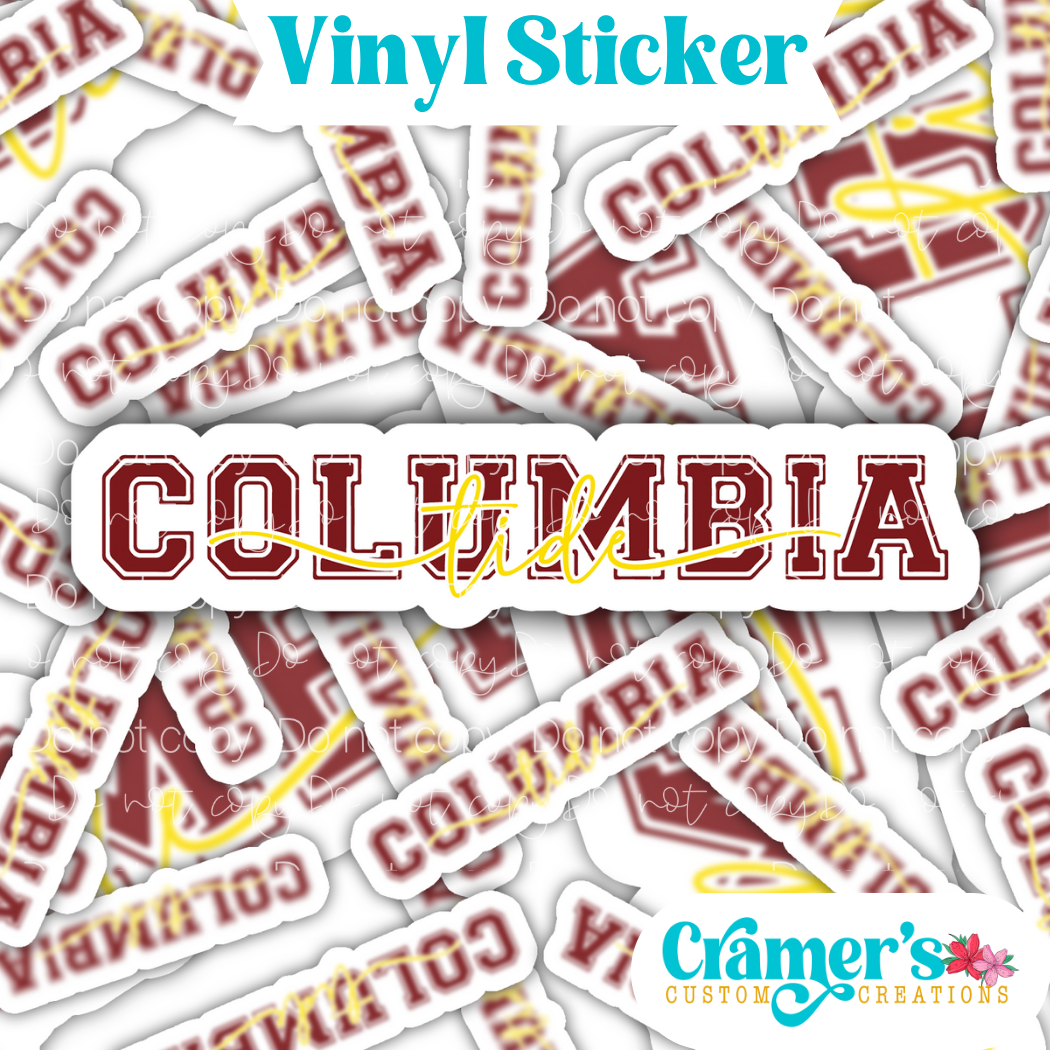 Sticker laying flat that says columbia pride on a background of the same sticker stacked up