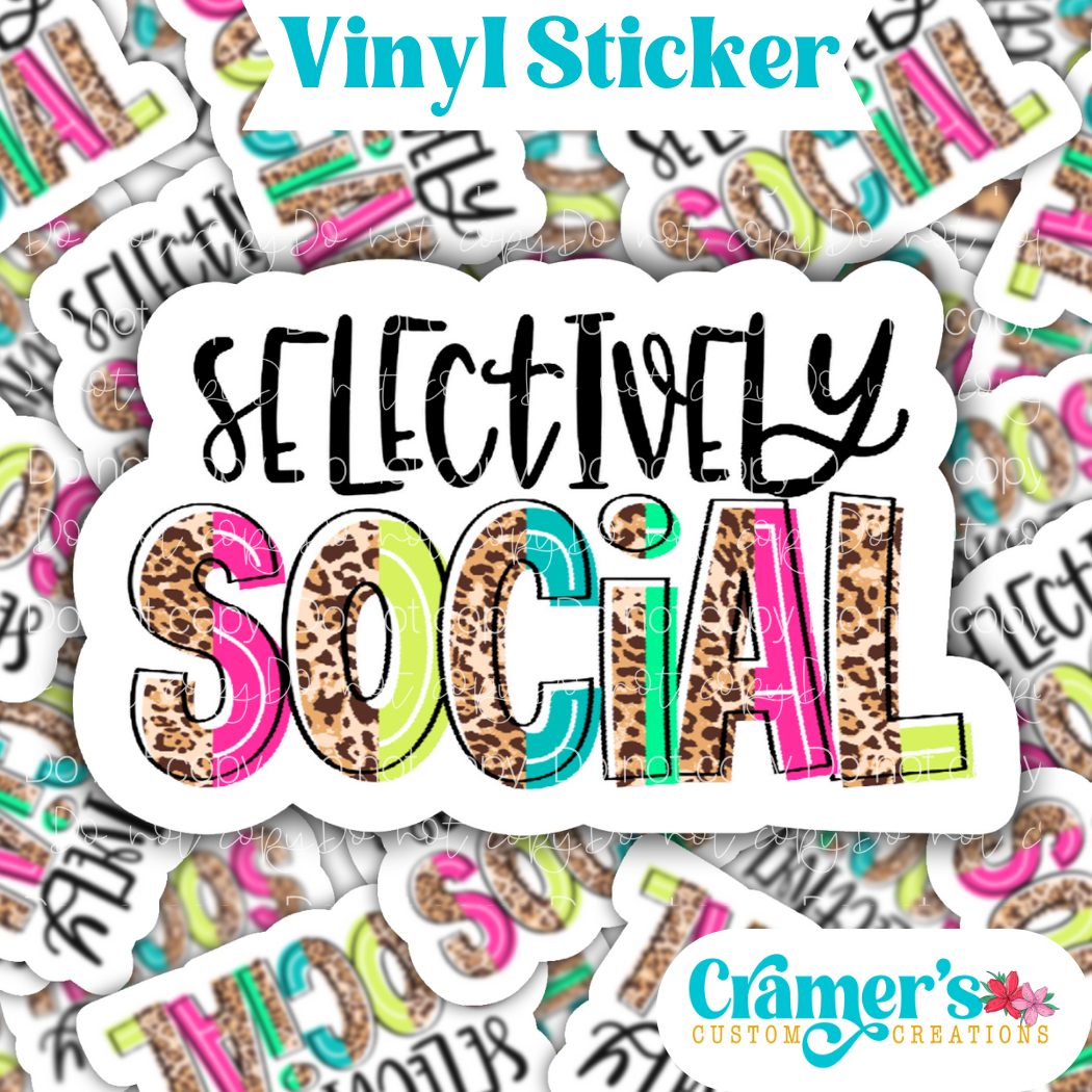Sticker laying flat that says selectively social on a background of the same sticker stacked up