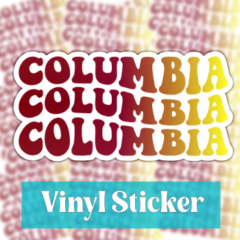 sticker with columbia in maroon and yellow wavy text on a background of stacked stickers