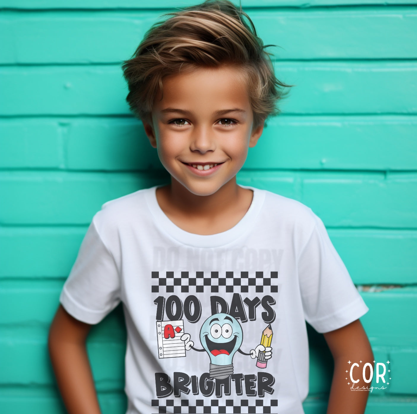 A child wearing a white t-shirt with a graphic print saying '100 DAYS BRIGHTER' and a cartoon character.