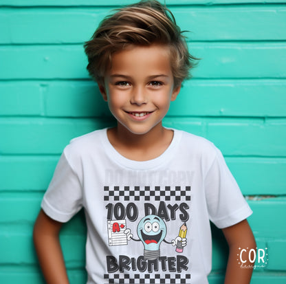 A child wearing a white t-shirt with a graphic print saying '100 DAYS BRIGHTER' and a cartoon character.
