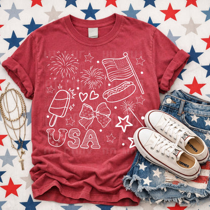 red shirt showing 4th of july clip art on a star background with jean shorts and sneakers