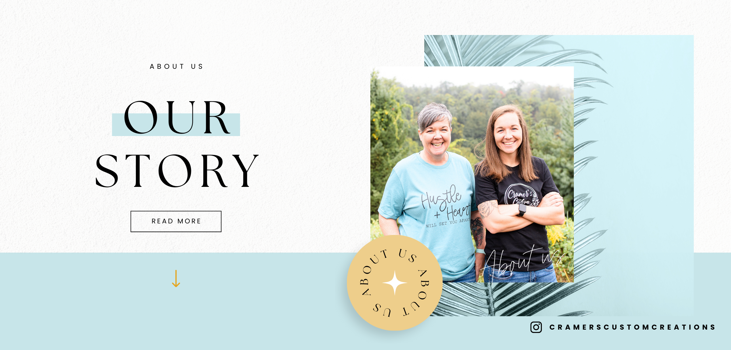 Two women standing together with text 'Our Story' and 'About Us' on a light blue background.