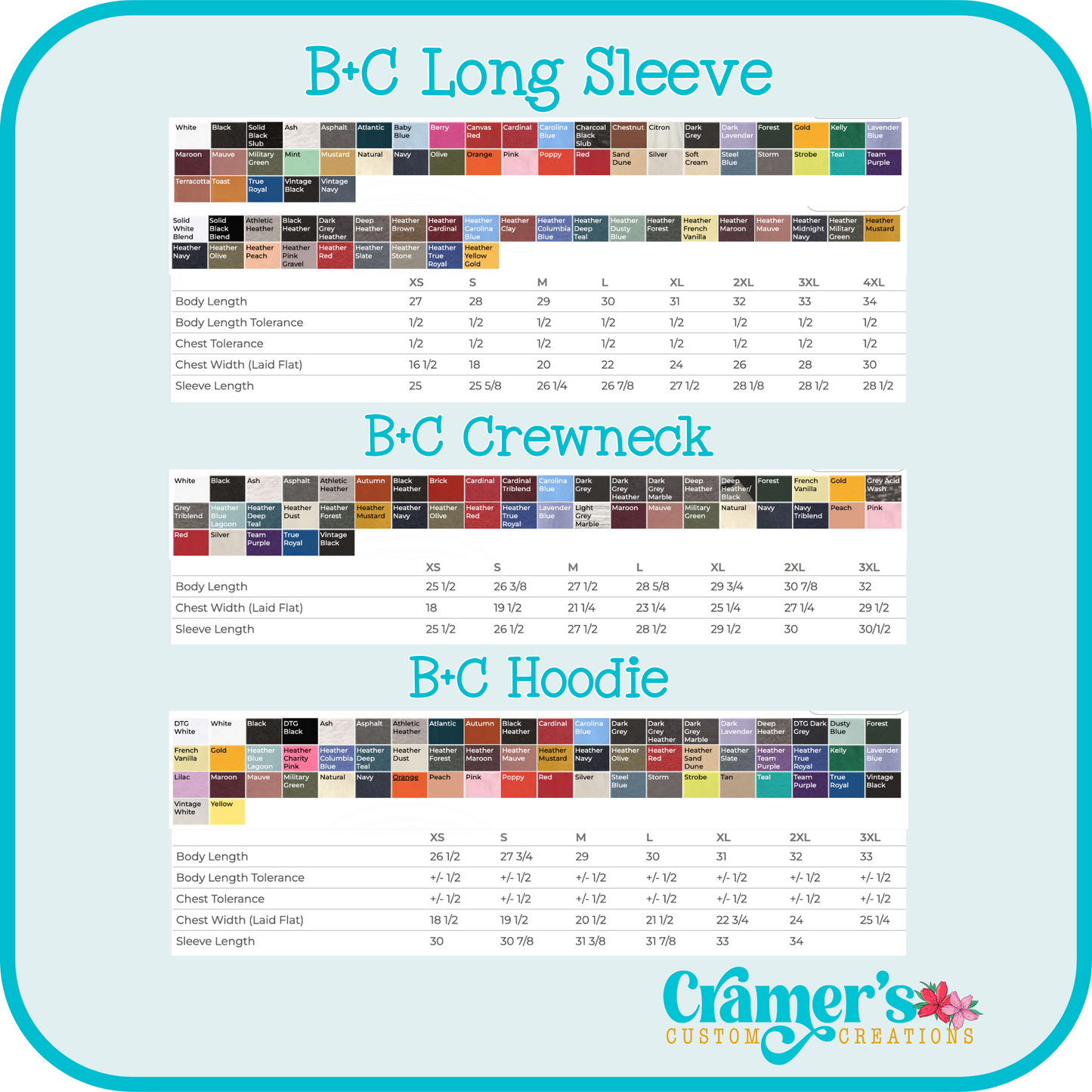 Size and color charts for various bella canvas shirts