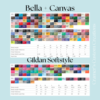 Size and color charts for tshirts