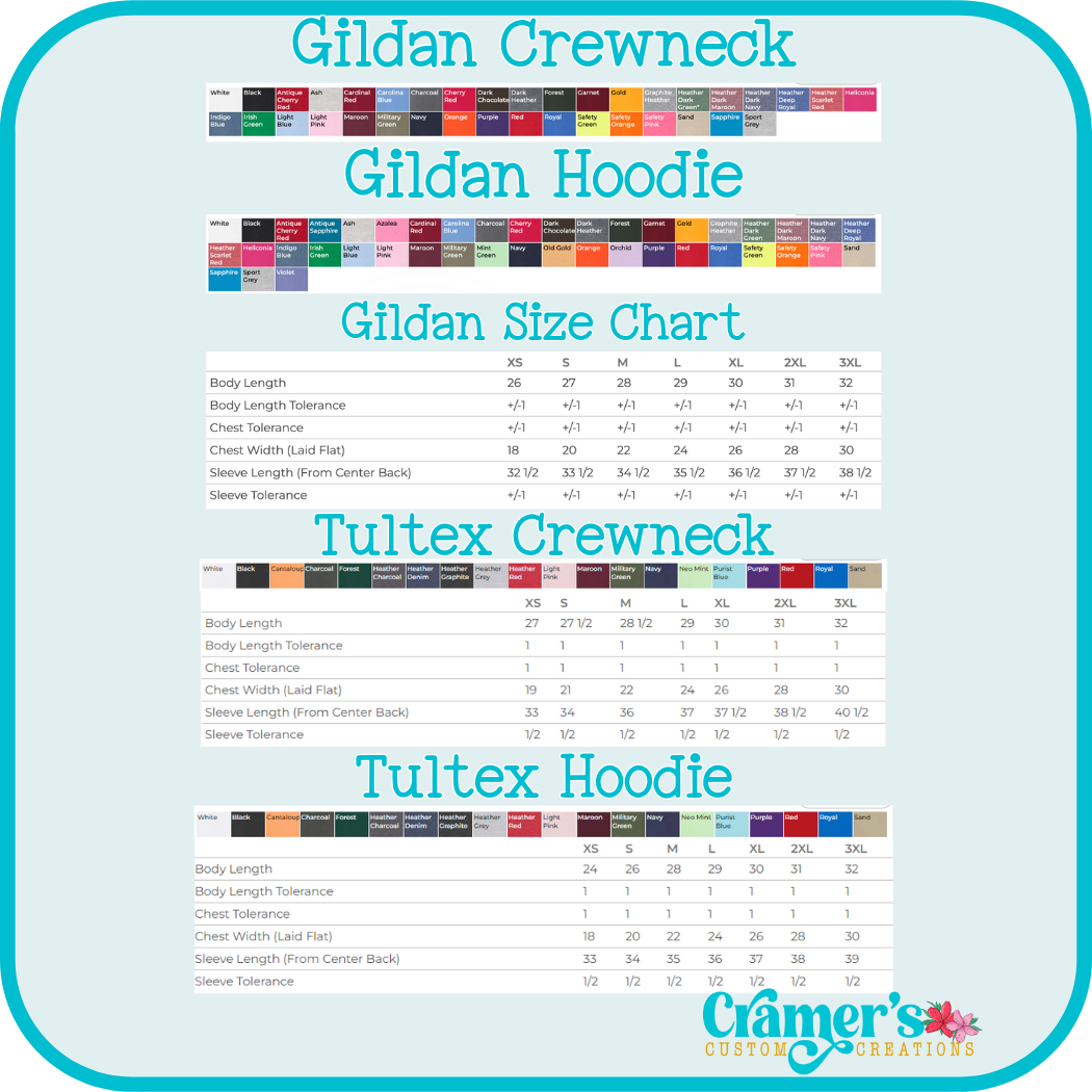 Size and color charts for gildan and tultex sweatshirts