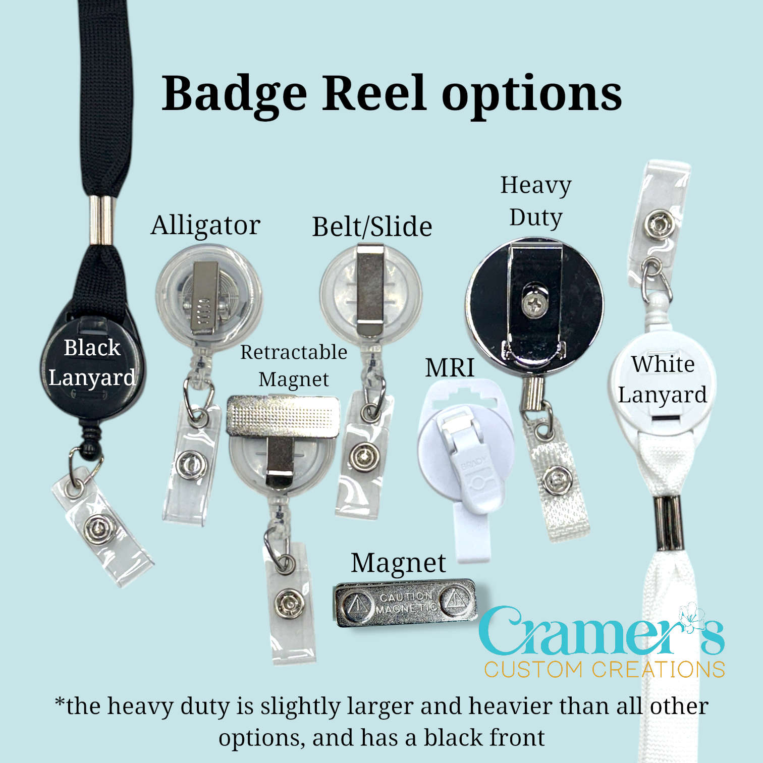 An assortment of badge reel options including alligator clip, belt/slide, heavy duty, MRI safe, and white lanyard styles. Each reel has a different attachment method and is made of various materials.