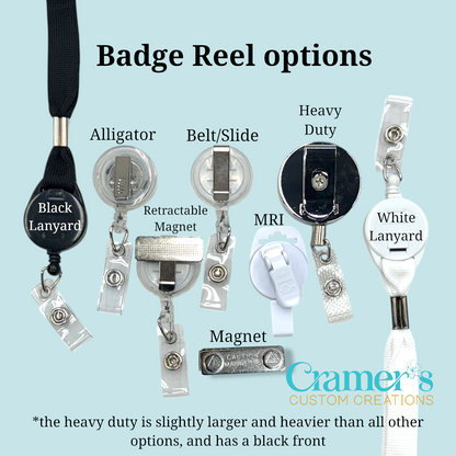 An assortment of badge reel options including alligator clip, belt/slide, heavy duty, MRI safe, and white lanyard styles. Each reel has a different attachment method and is made of various materials.