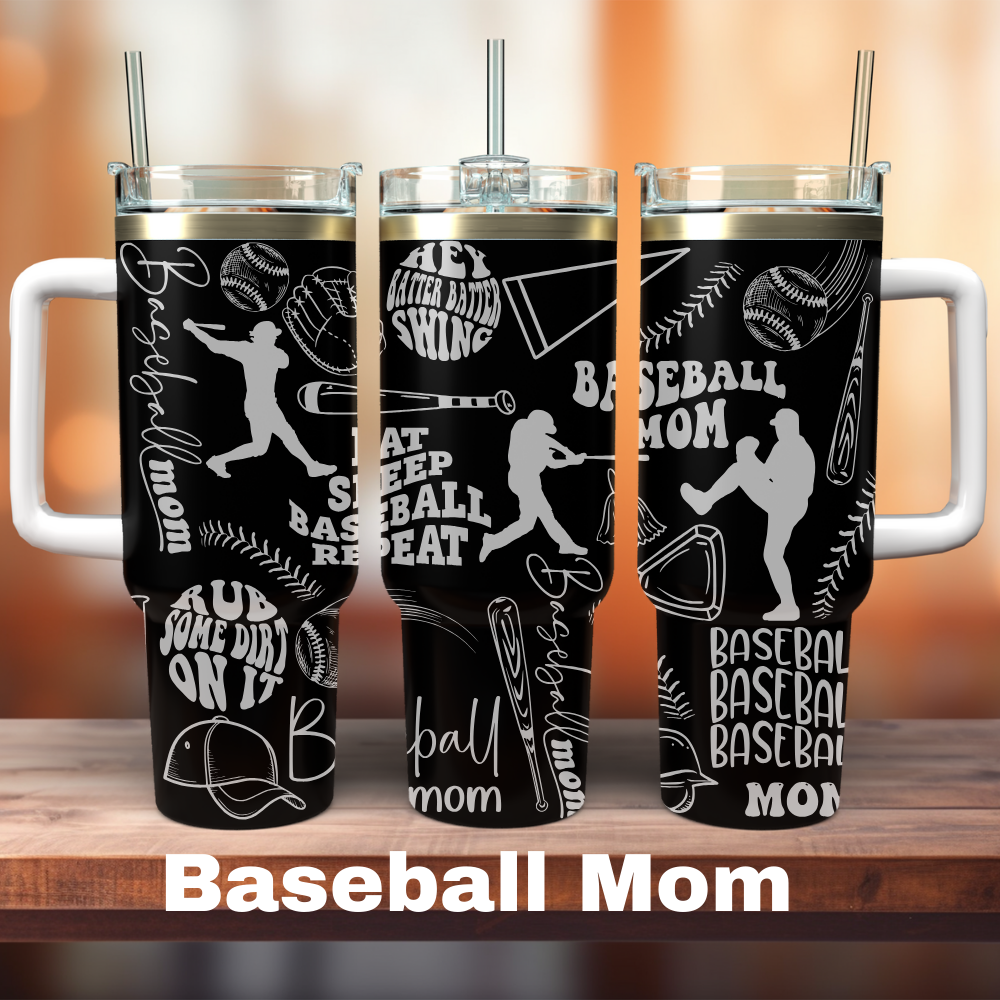 Three black 40 oz tumblers with white lids and straws, each adorned with laser engraved designs related to baseball, such as pitchers, a baseball glove, and phrases like 'Baseball Mom' and 'Sleep Deprivation is a Virtue.'.