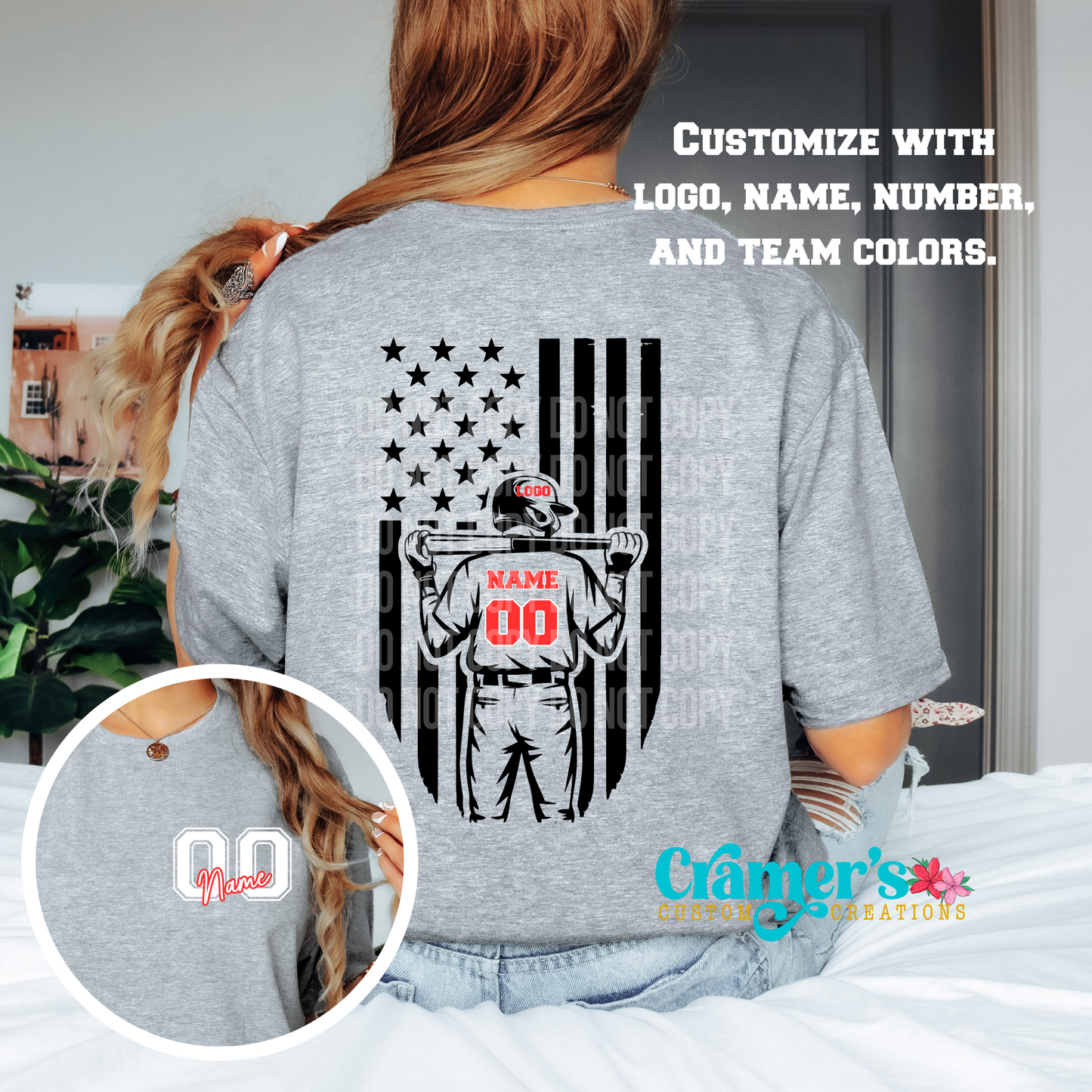 Person wearing a gray t-shirt with a graphic design and text, featuring a logo and customization options.