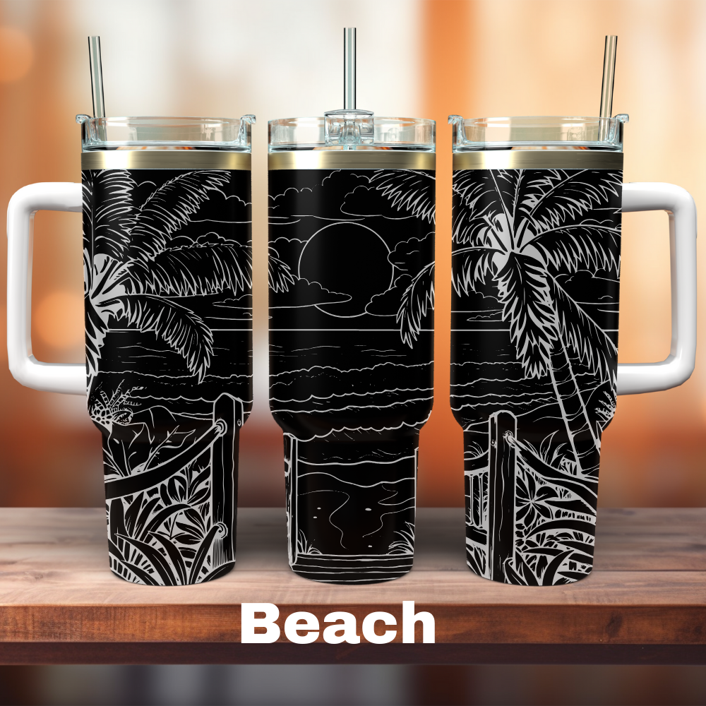 three 40oz black tumblers with a beach scene the whole way around