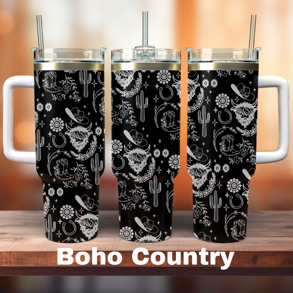 three 40oz black tumblers with boho clip art all around it