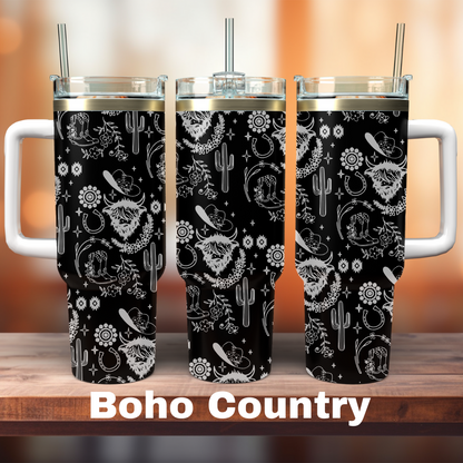 three 40oz black tumblers with boho clip art all around it