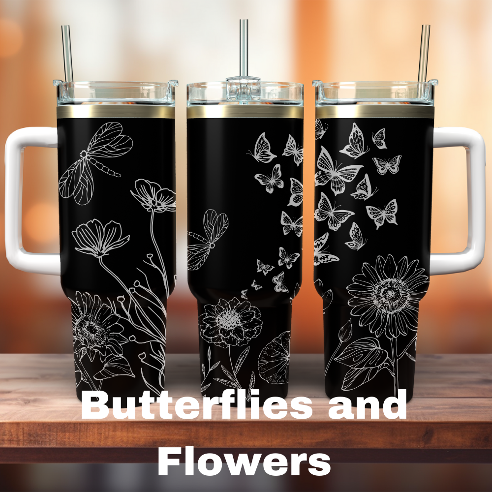 Three 40 oz tumblers, one with a black design featuring butterflies and the other with a floral design, both with straws and text 'Butterflies and Flowers'.