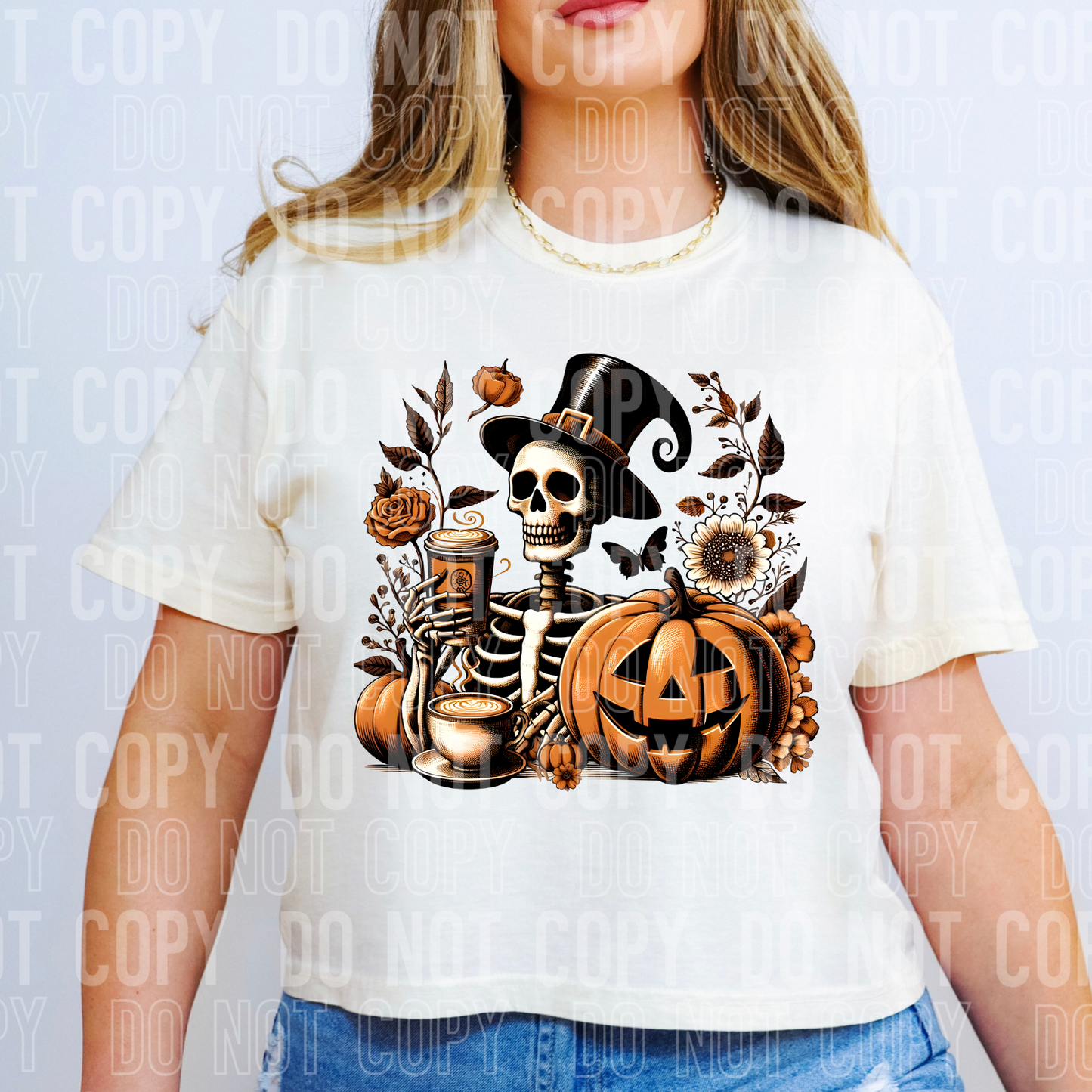 skeleton holding a coffee cup with a jack o lantern in front