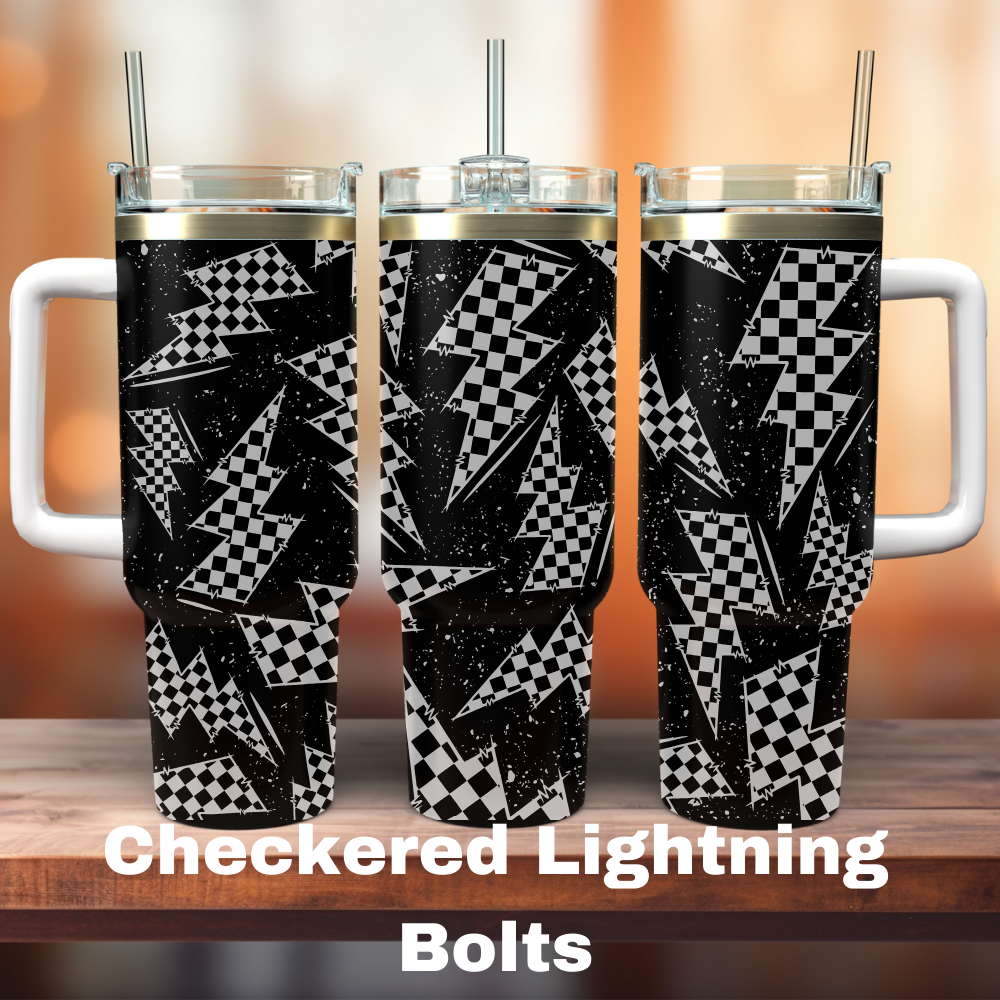 Three 40 oz tumblers with a checkered pattern and lightning bolt design, each featuring a stainless steel handle.