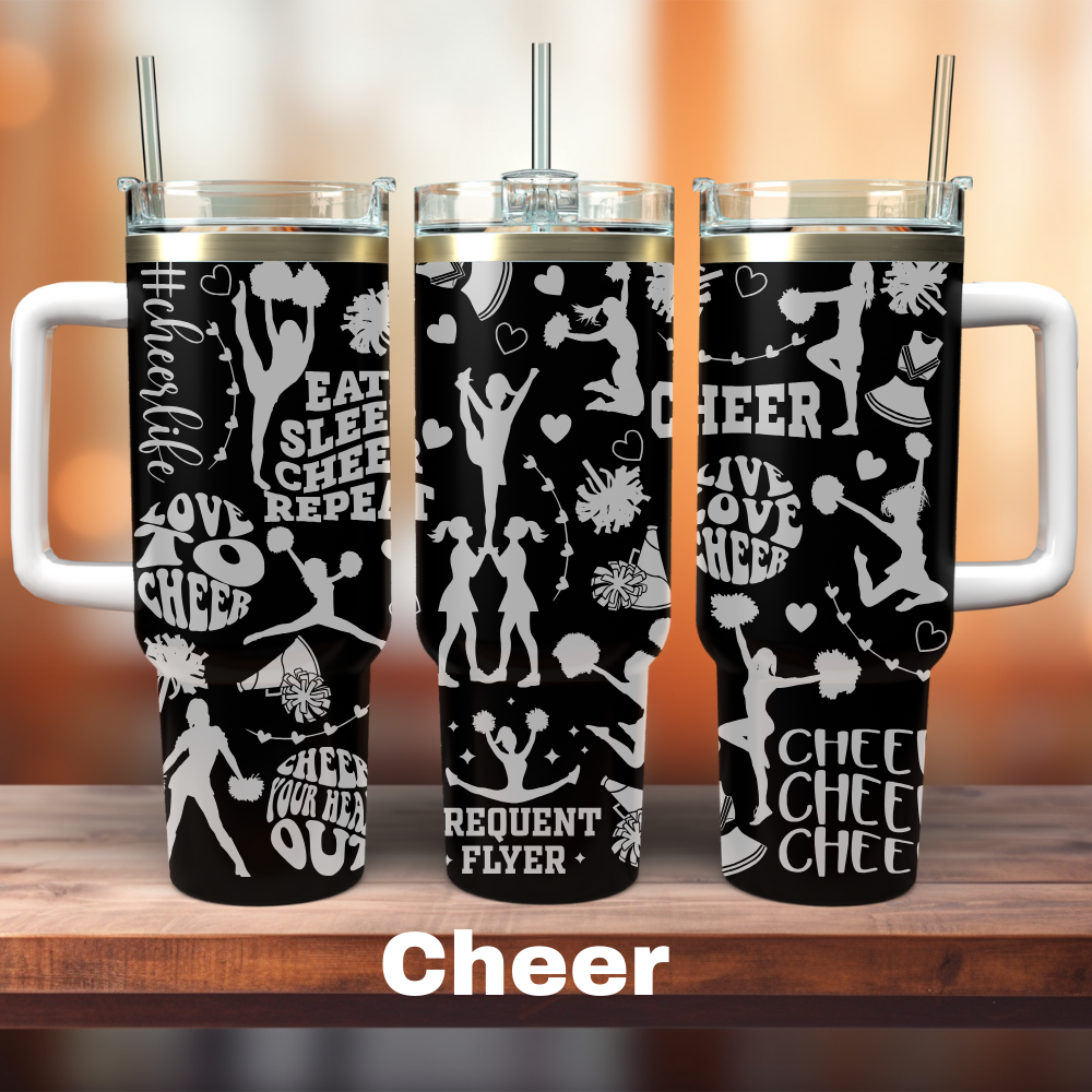 three 40oz black tumblers with cheer clip art all around it