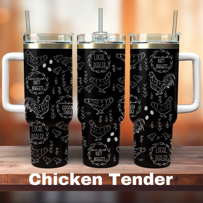 three 40oz black tumblers with chicken clip art all around it