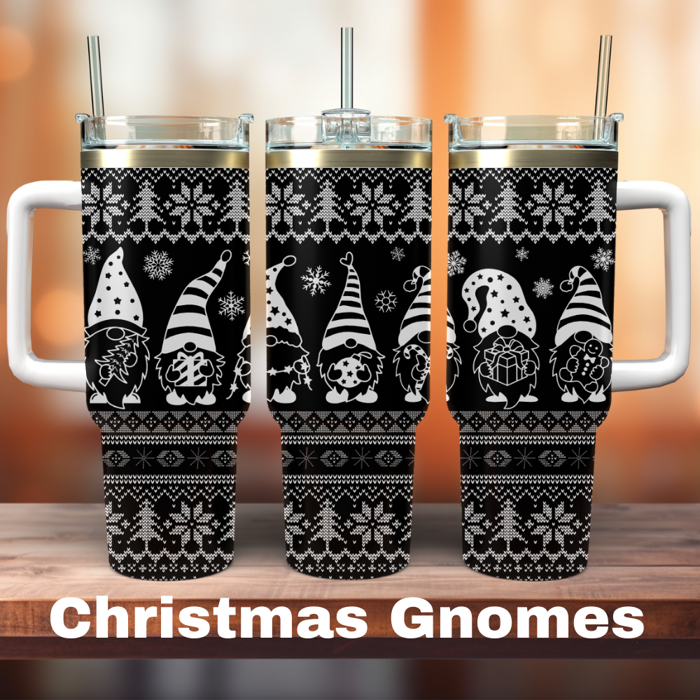 three black 40oz tumblers with gnomes and christmas sweater style design the whole way around