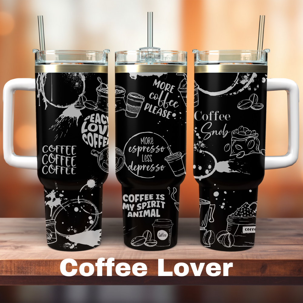 three 40oz black tumblers with coffee clip art all around it