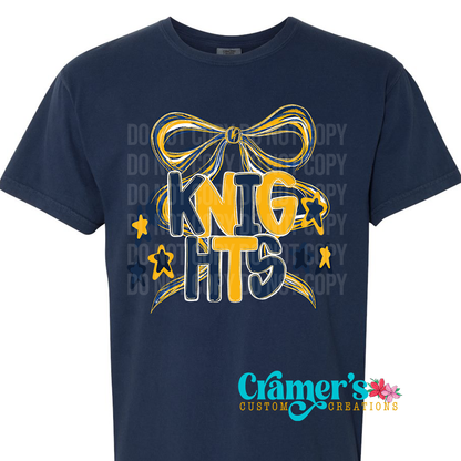 Navy blue t-shirt with 'Knights' design and Cramer's Custom Creations logo.