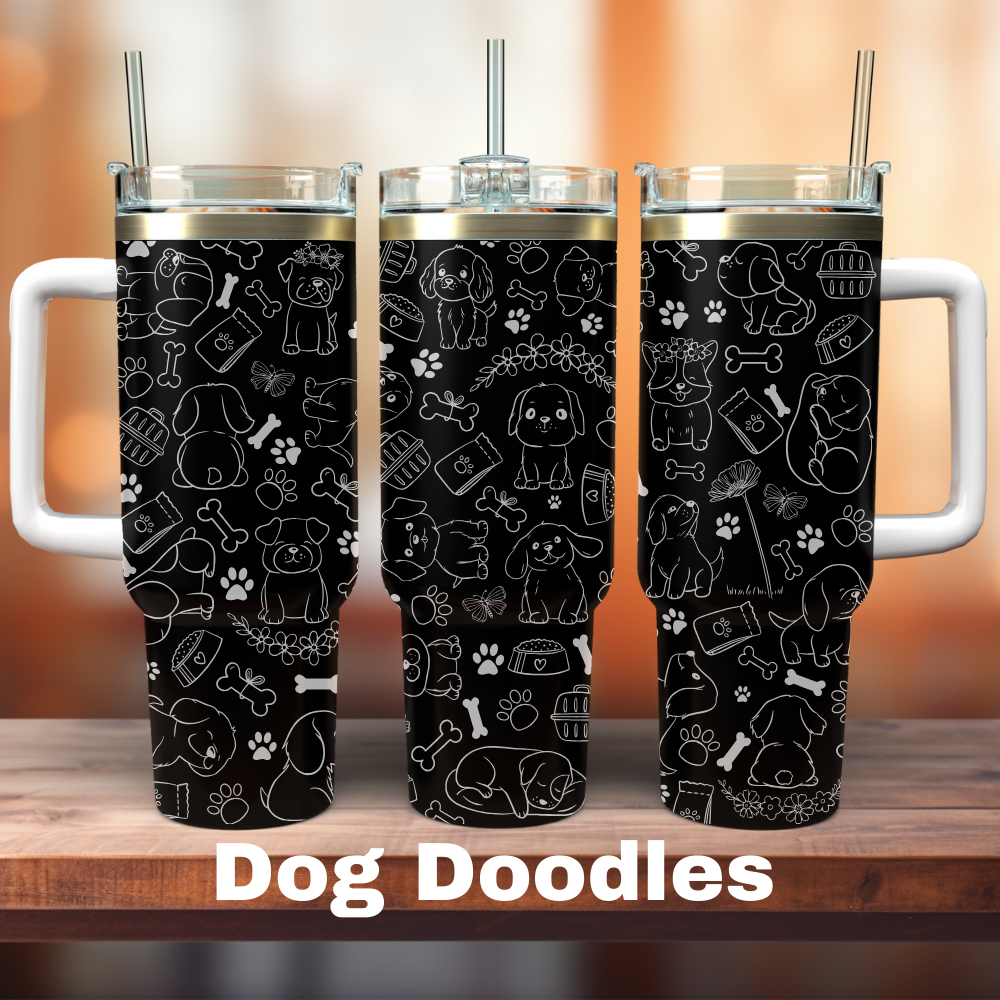 three black 40oz tumblers showing the full design of dogs and doodles about dogs