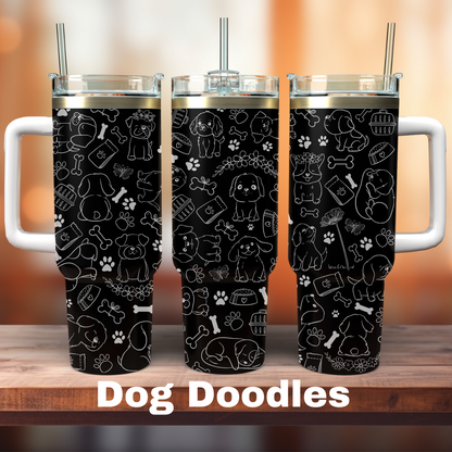 three black 40oz tumblers showing the full design of dogs and doodles about dogs