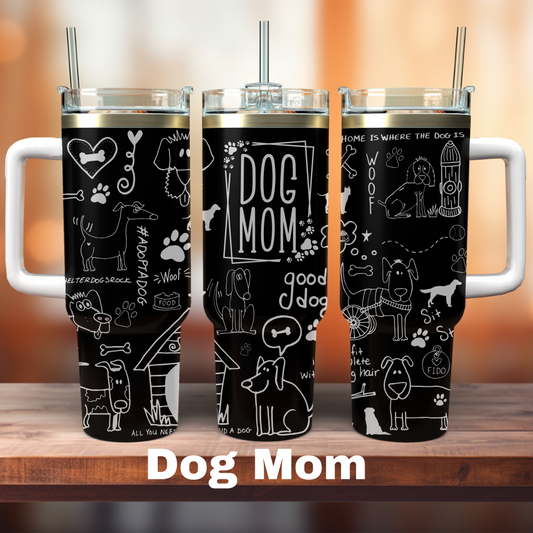 three black 40oz tumblers showing a full dog mom design around the entire tumbler
