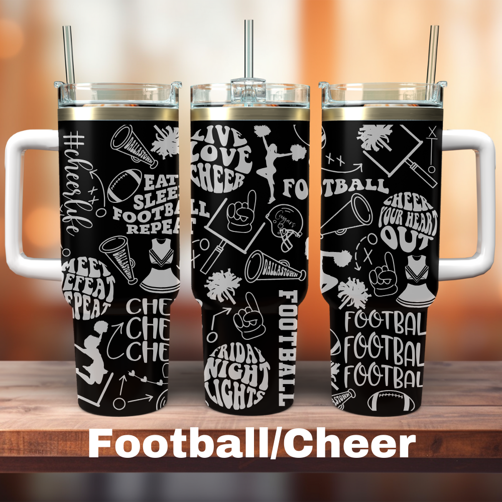 Three black 40 oz tumblers with laser engraved designs supporting football and cheer, displayed with white cups on a wooden surface.