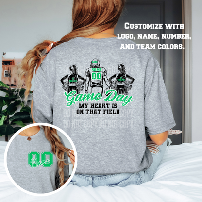 Gray t-shirt with sports-themed design and customization text on a person wearing it.