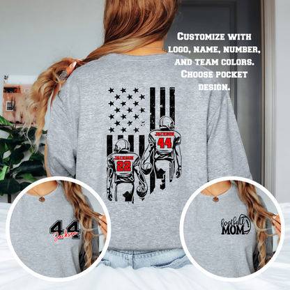 Gray tshirt with customizable designs on the back and front, featuring football-themed graphics.
