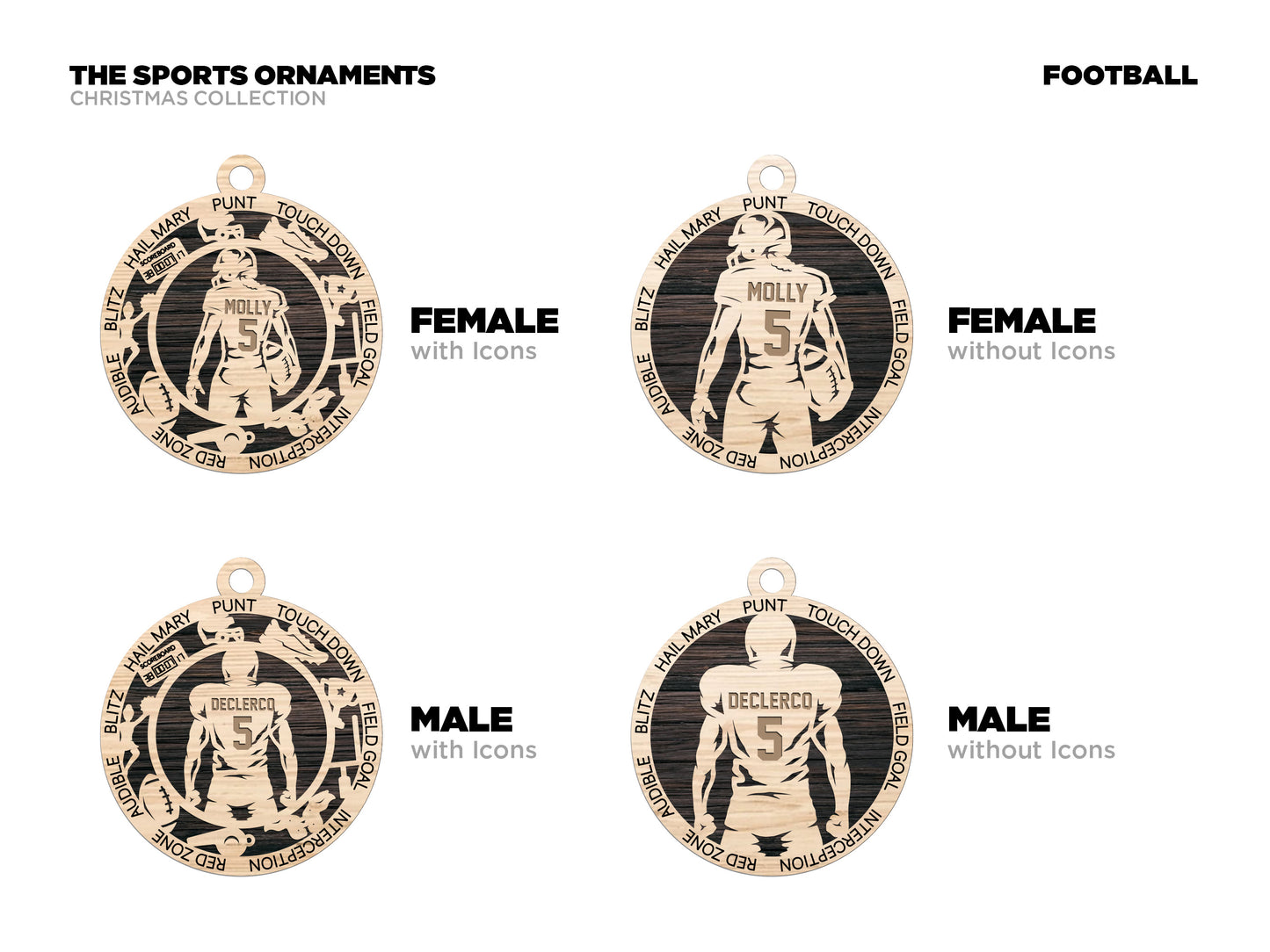 Four sports ornaments for football, two for females with icons and without icons, and two for males with icons and without icons.
