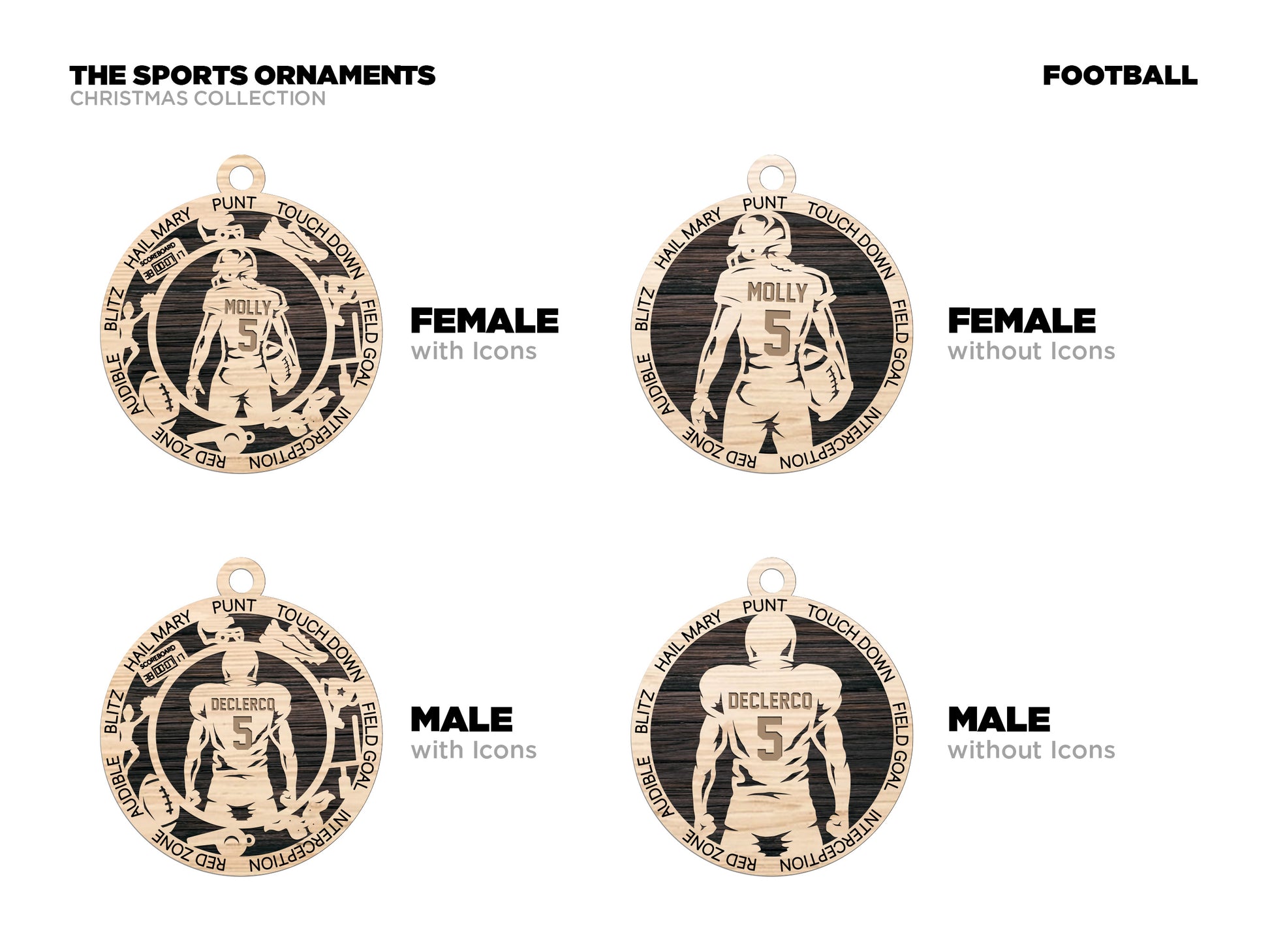 Four sports ornaments for football, two for females with icons and without icons, and two for males with icons and without icons.
