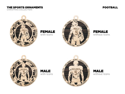 Four sports ornaments for football, two for females with icons and without icons, and two for males with icons and without icons.