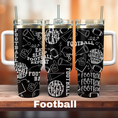 three 40oz black tumblers with football clip art all over it.