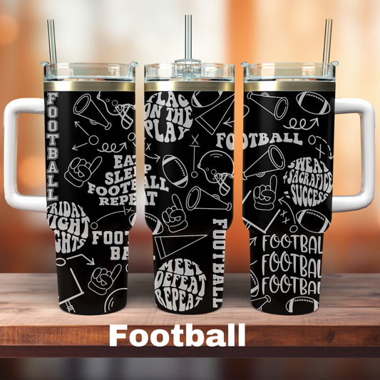 three 40oz black tumblers with football clip art all over it.