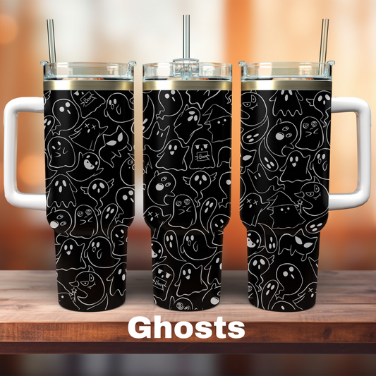 three 40oz black tumblers showing a complete ghost design