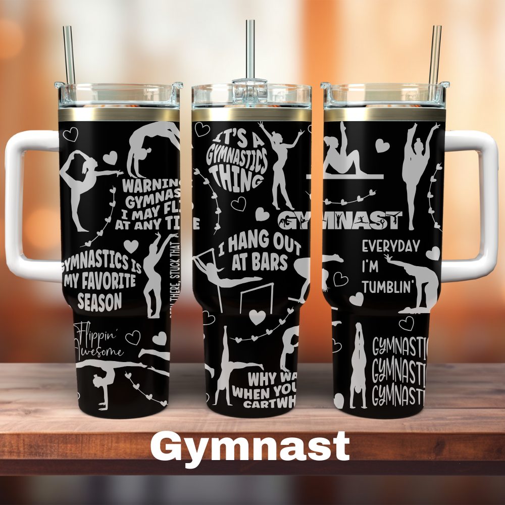 three 40oz black tumblers with various gymnast clip art on all of it.
