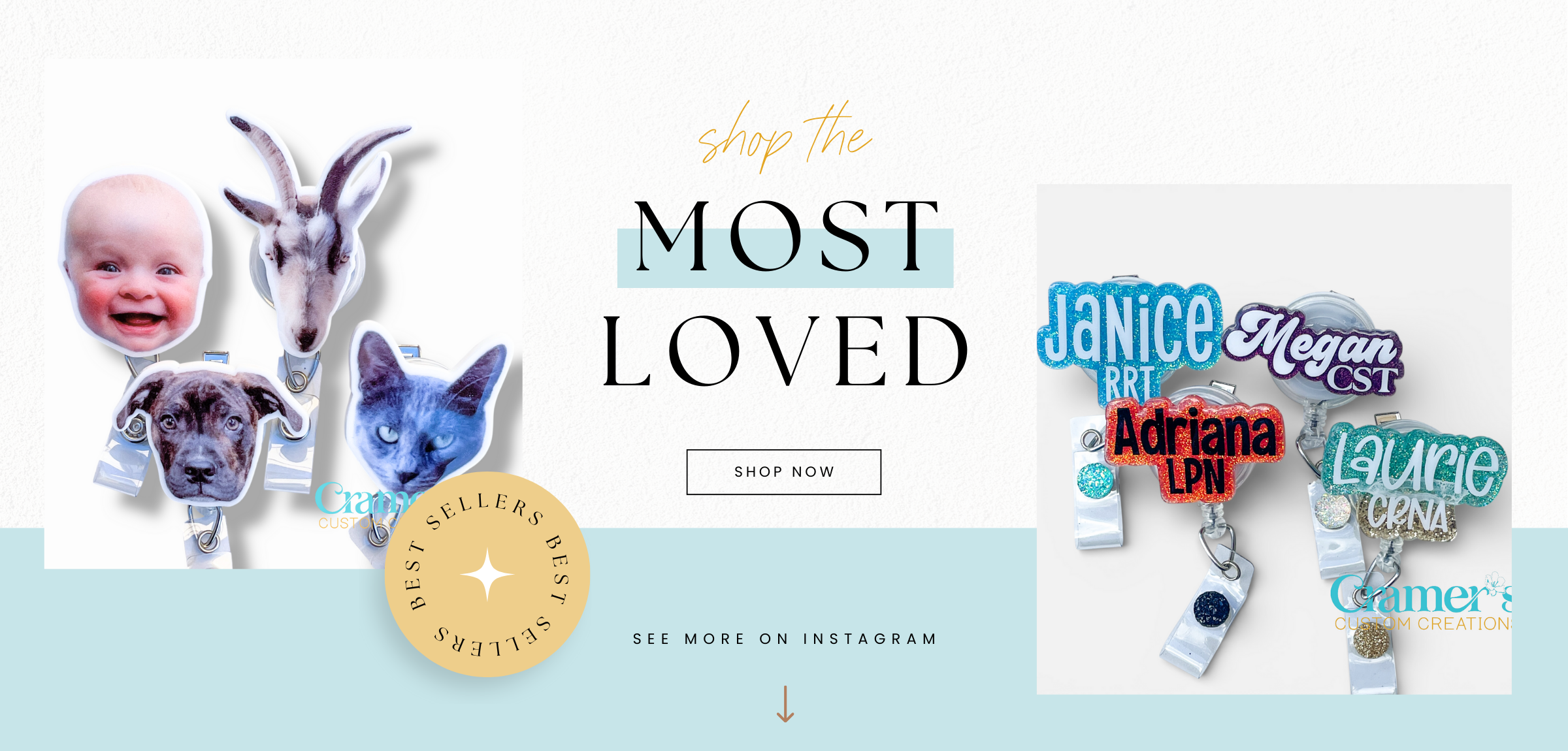 Promotional banner with baby photos, product names, and a call to action on a light blue background.