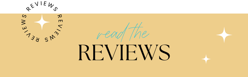 Gold banner with 'read the reviews' text and star decorations on a white background