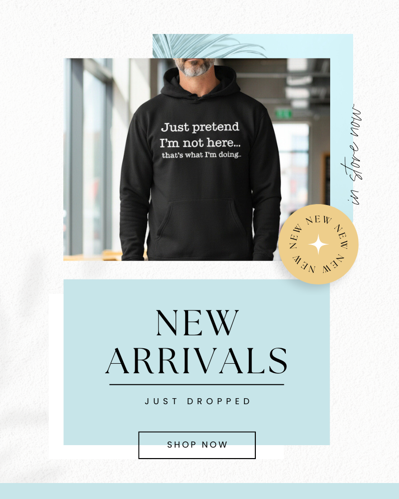 Person wearing a black hoodie with text, promotional banner for new arrivals.