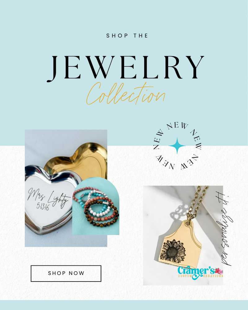 Promotional image for jewelry collection with heart-shaped box, bracelets, and pendant on a light blue background.