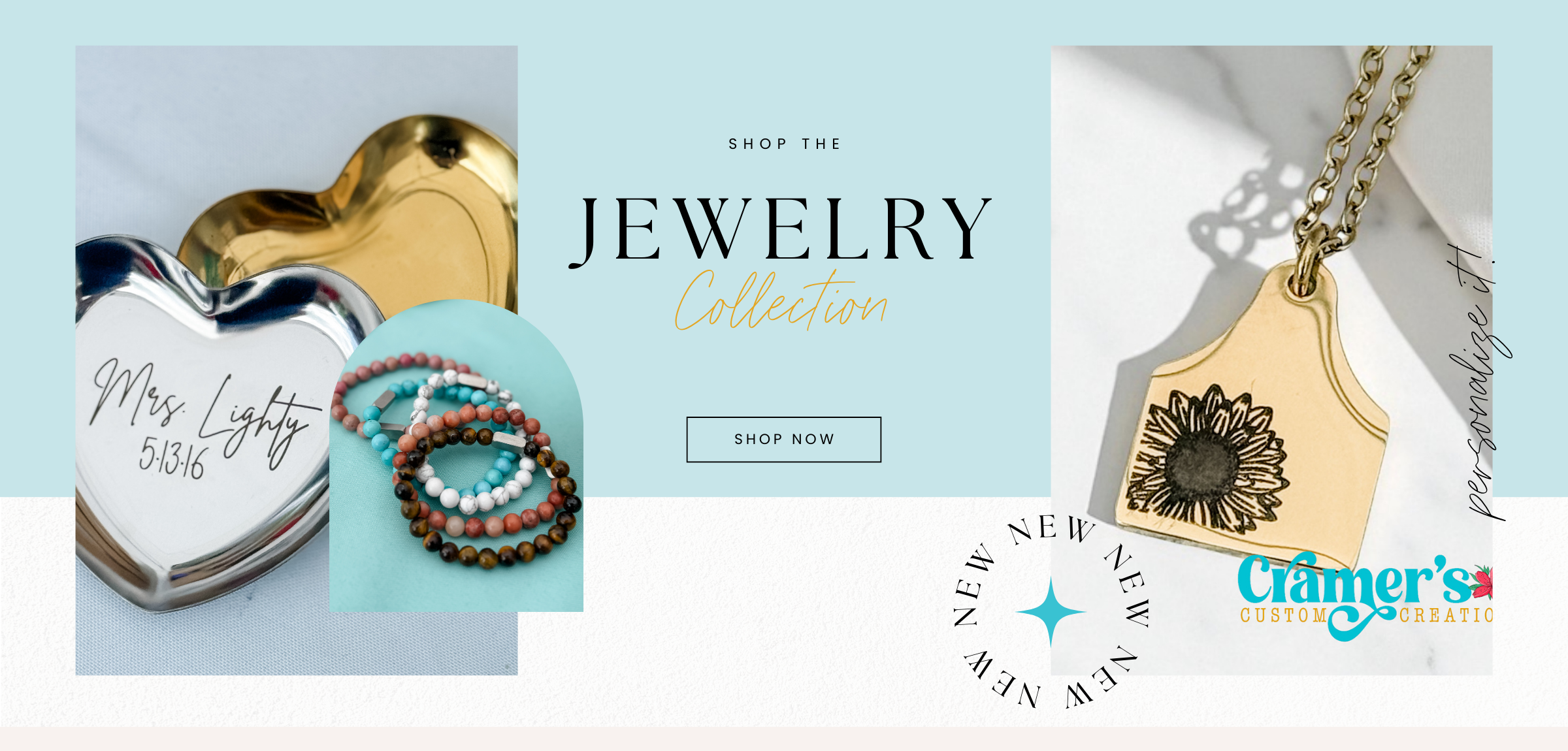 Jewelry collection with heart-shaped pendants and necklaces on a light blue background.