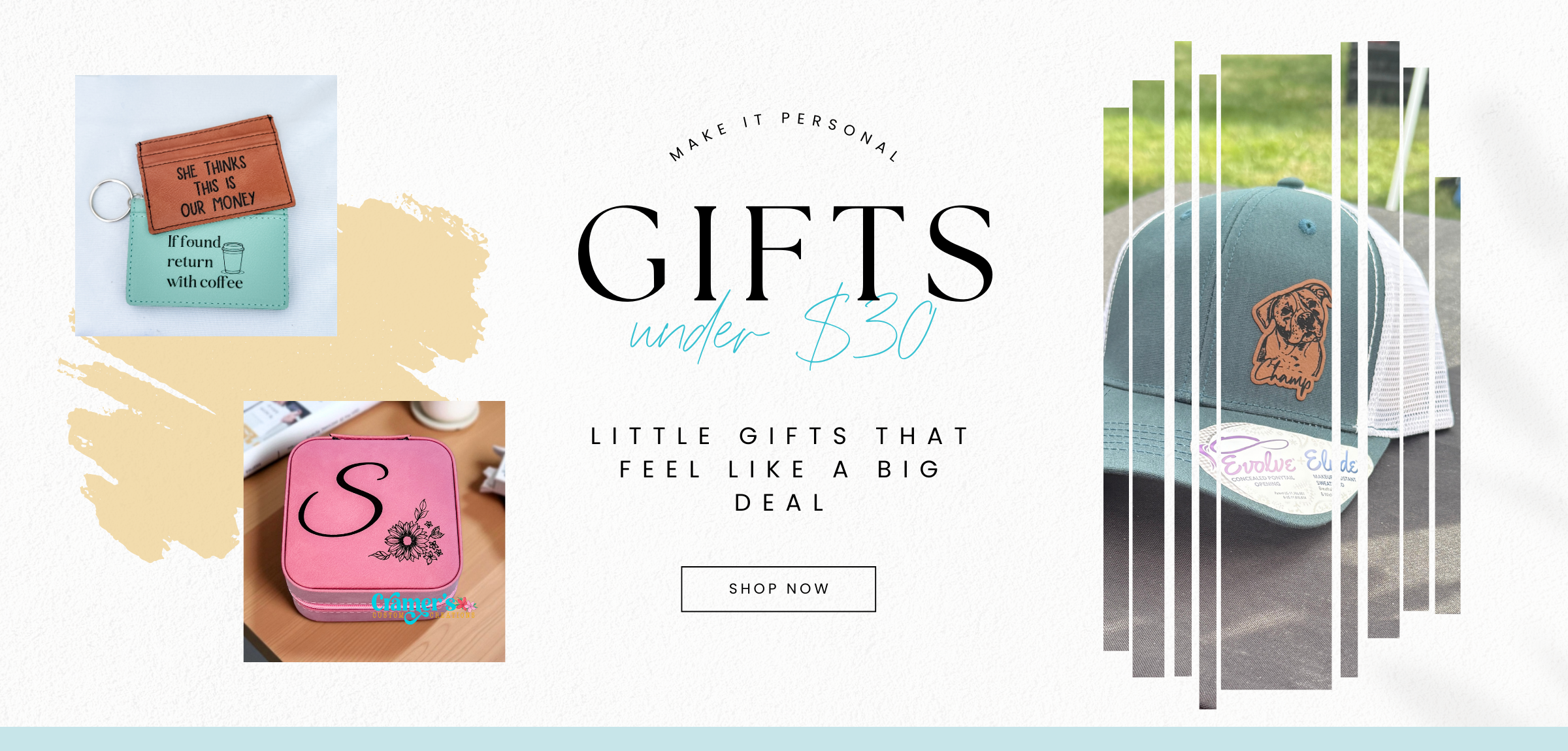 Promotional banner for personalized gifts under $50 with various items displayed.