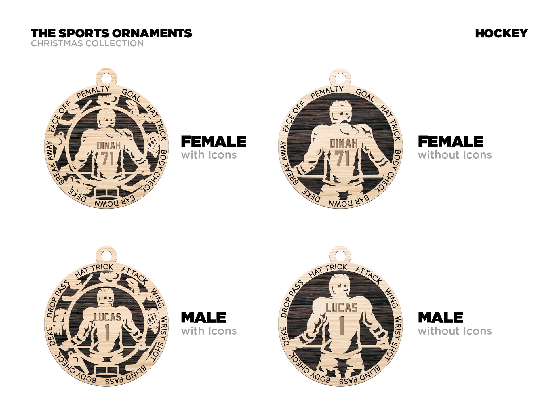 Set of sports ornaments for hockey, featuring female and male designs with and without icons on a white background.
