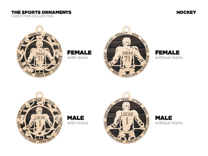 Set of sports ornaments for hockey, featuring female and male designs with and without icons on a white background.