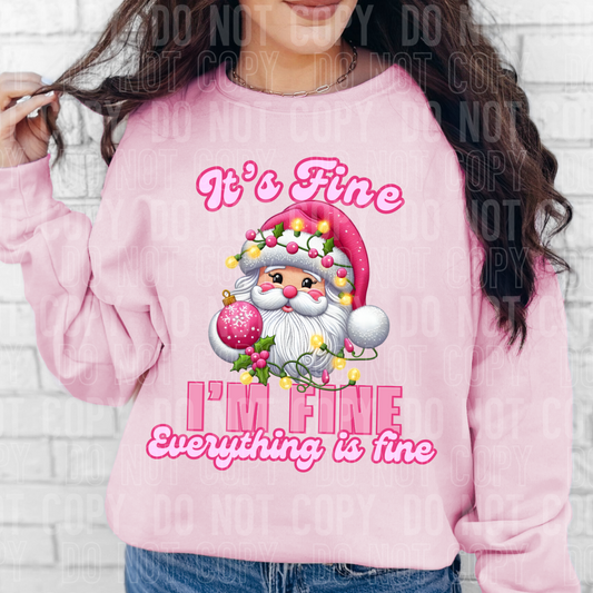 a person wearing a pink sweatshirt with santa on it saying its fine, im fine, everything is fine