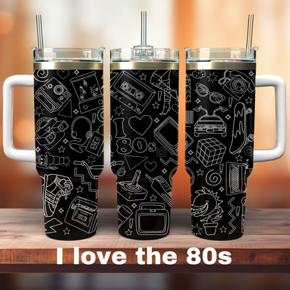 3 black 40 oz tumblers with an 80s design shown on all three