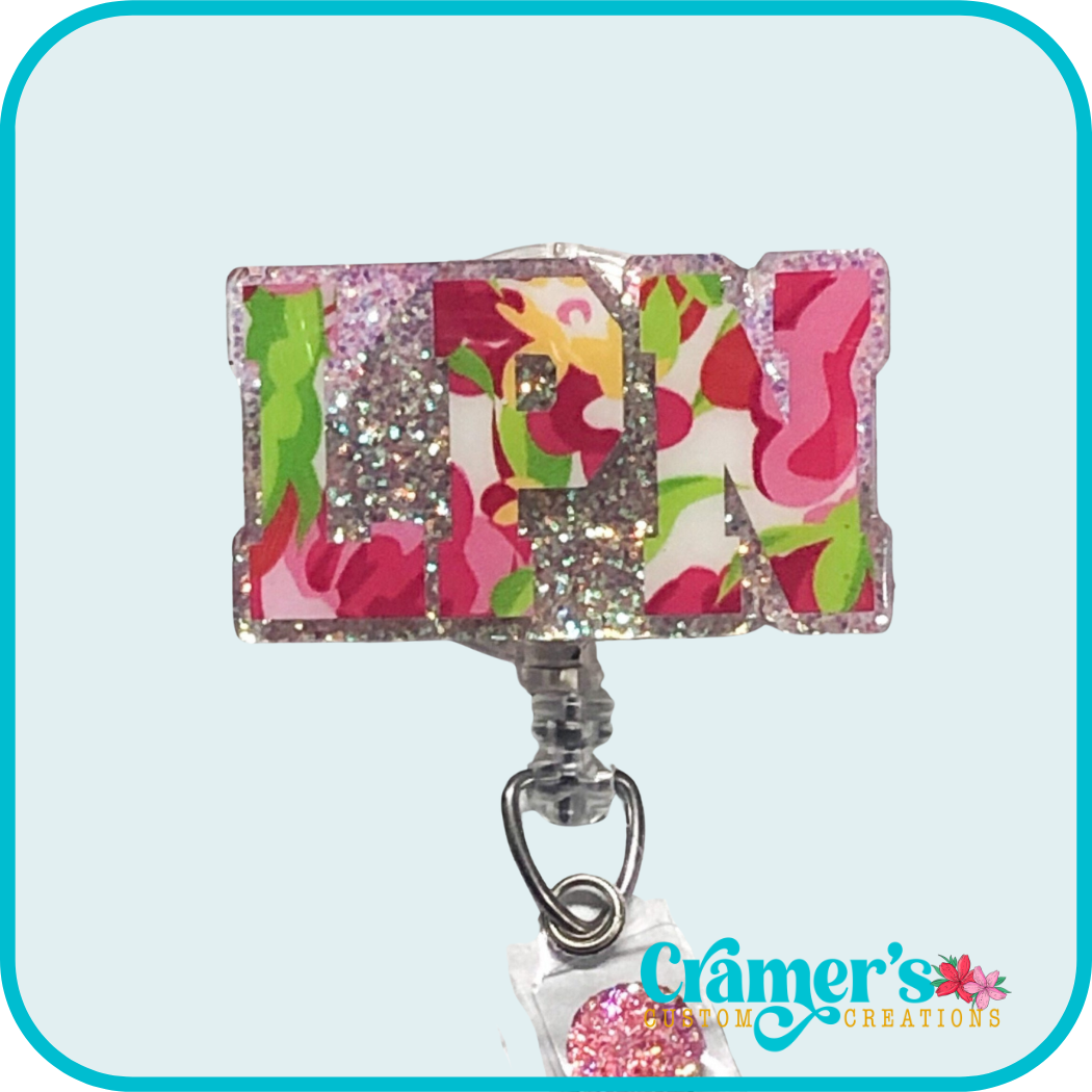 LPN badge with a floral pattern and a glittery background